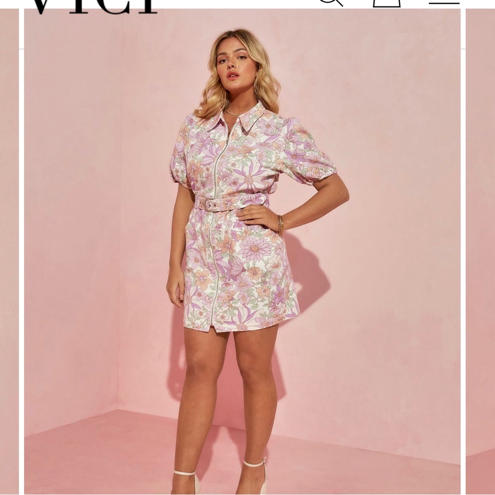 Skies are Blue DILLON COTTON FLORAL PUFF SLEEVE POCKETED BELTED MINI DRESS. EUC
